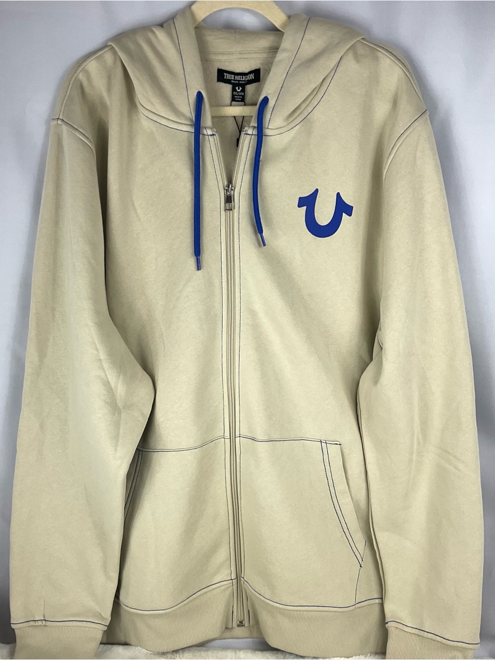 True Religion Hoodie 3XL Men’s Cream Blue Contrast Stitch Full Zip Graphic